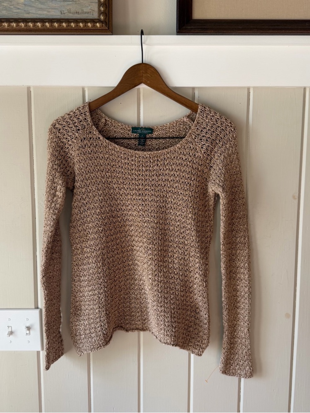Lauren Ralph Lauren Scoop-Neck Loose Knit Sweater in Tan, Size Small, EUC